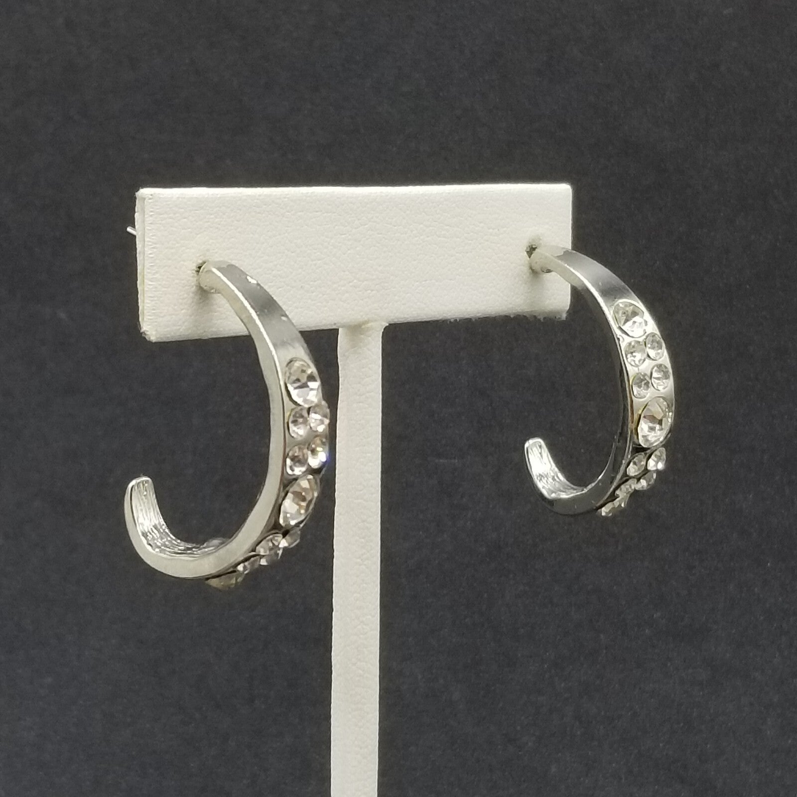 Pierced Earrings Silver tone Faceted Crystal Half Hoop Drop 1 1/4"