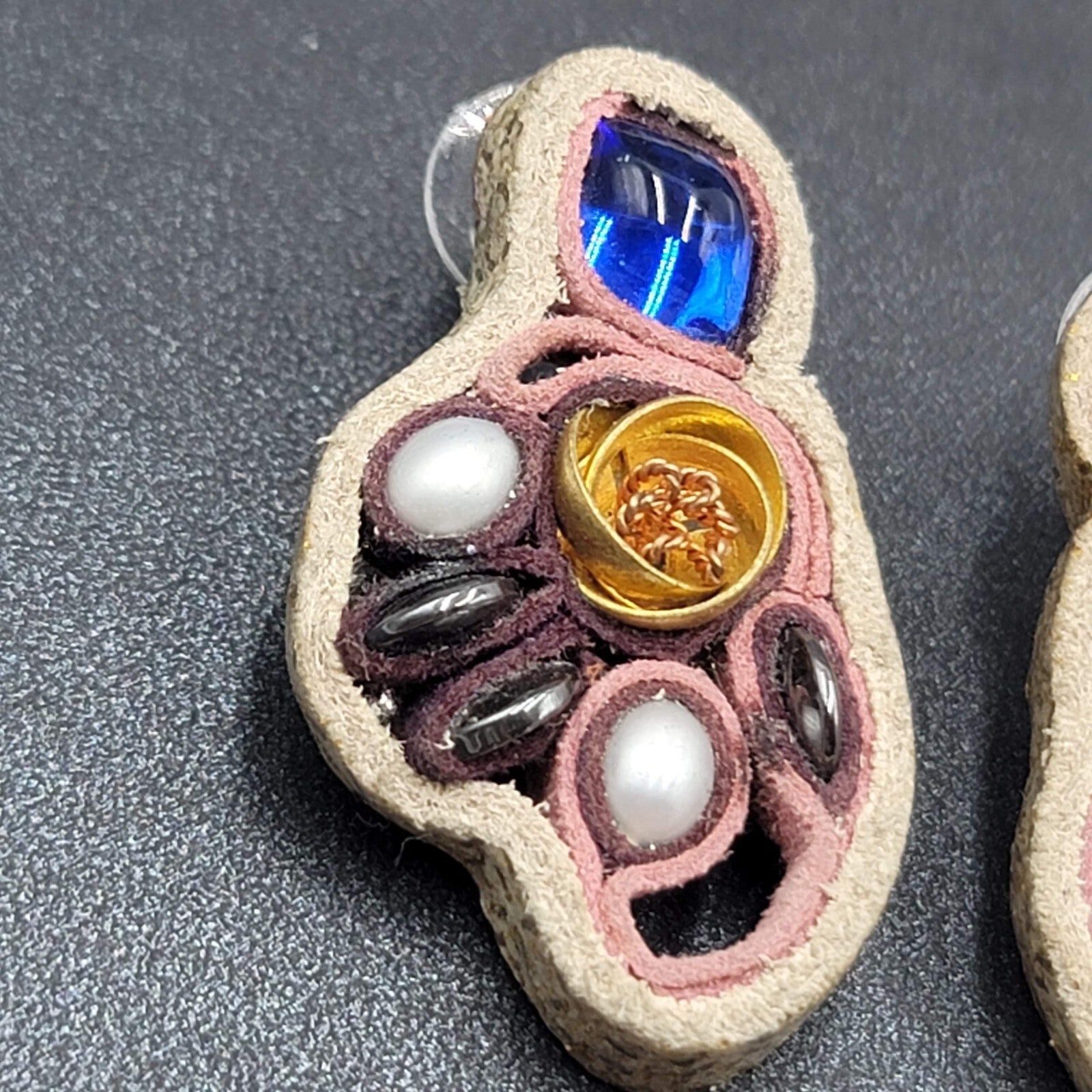 Artisan Pierced Earrings Leather Beaded Gold tone Rose Unusual Fun Drop 1.5"