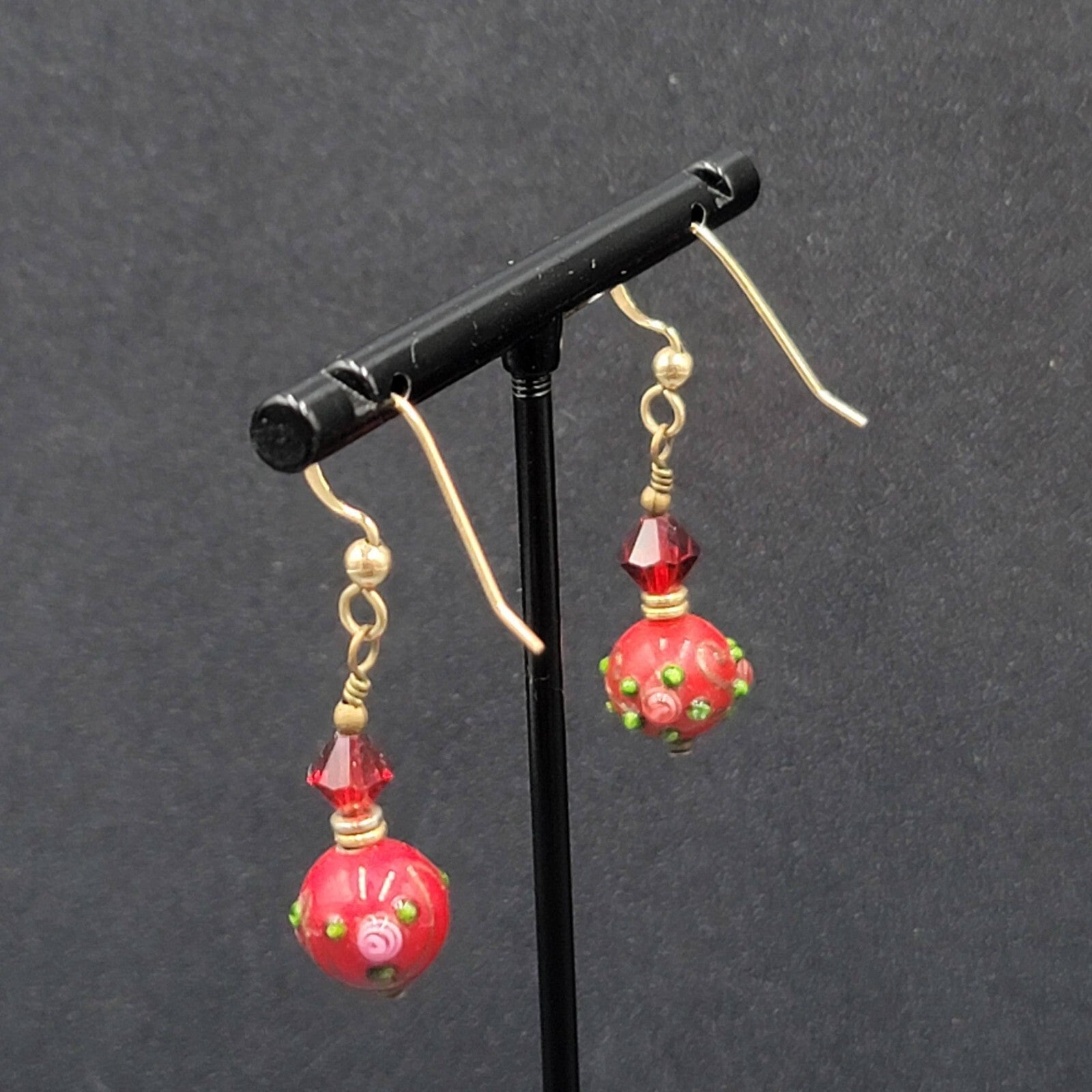 Gold Filled Pierced Earrings Red Glass Wedding Cake Bead Flowers 1"