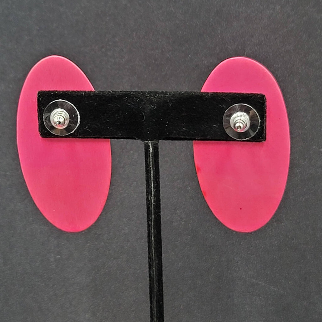 Vintage Pierced Earrings Large Wood Pink Stain Statement Drop 2"