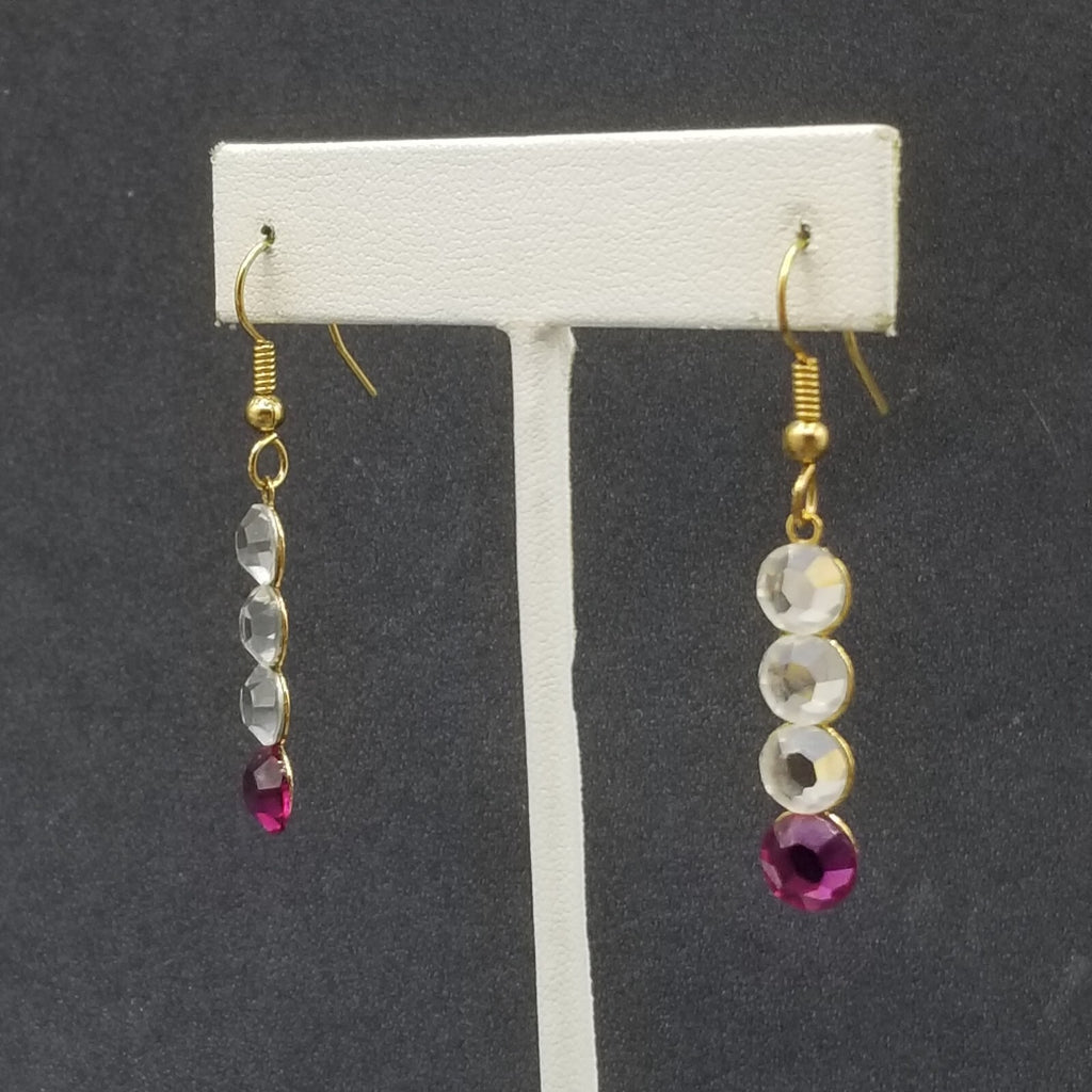 Pierced Earrings Gold tone Clear Purple Faceted Crystal Dangle 1"