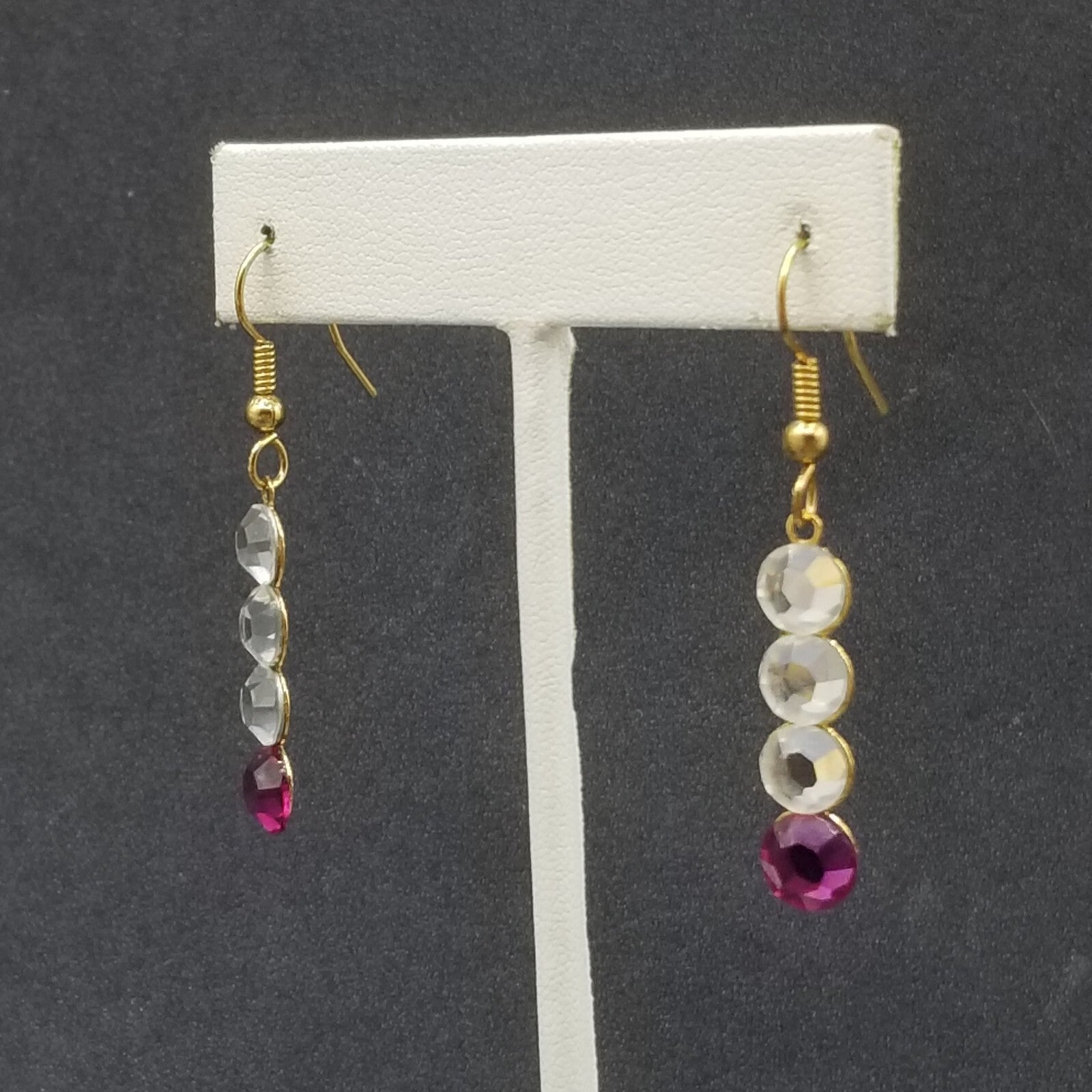 Pierced Earrings Gold tone Clear Purple Faceted Crystal Dangle 1"