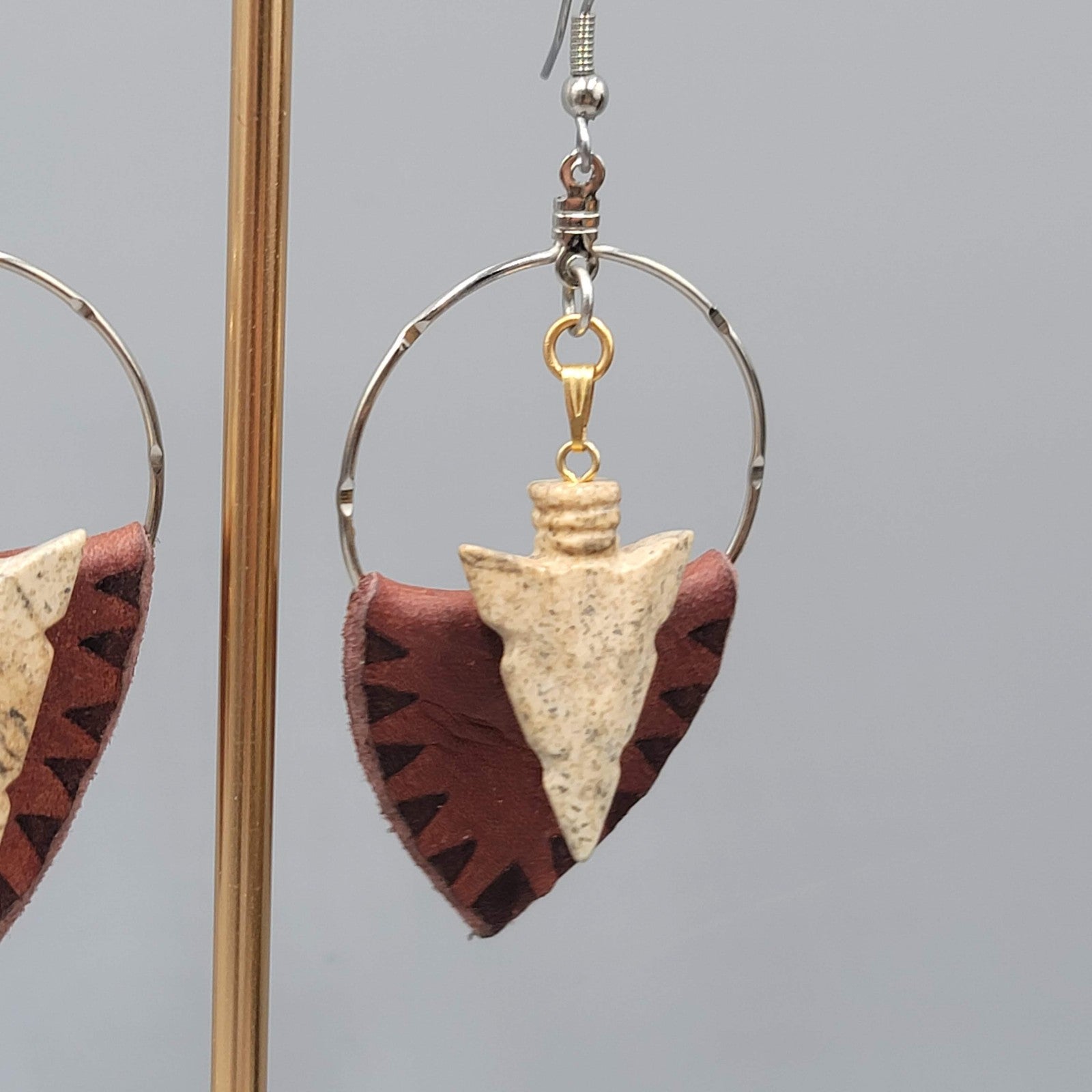 Arrowhead Pierced Earrings Boho Dangle Leather Stone Western Southwestern 2.25"