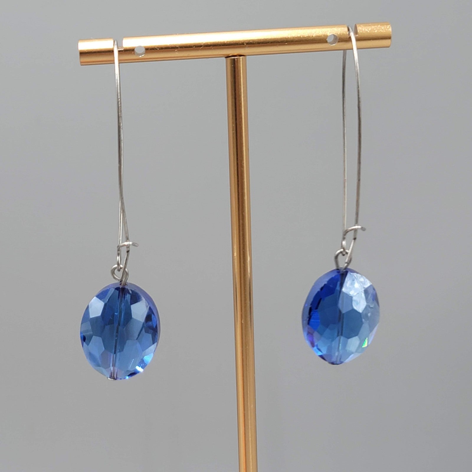 Faceted Blue Crystal Bead Pierced Earrings Silver tone Dangle Long 2.75 in