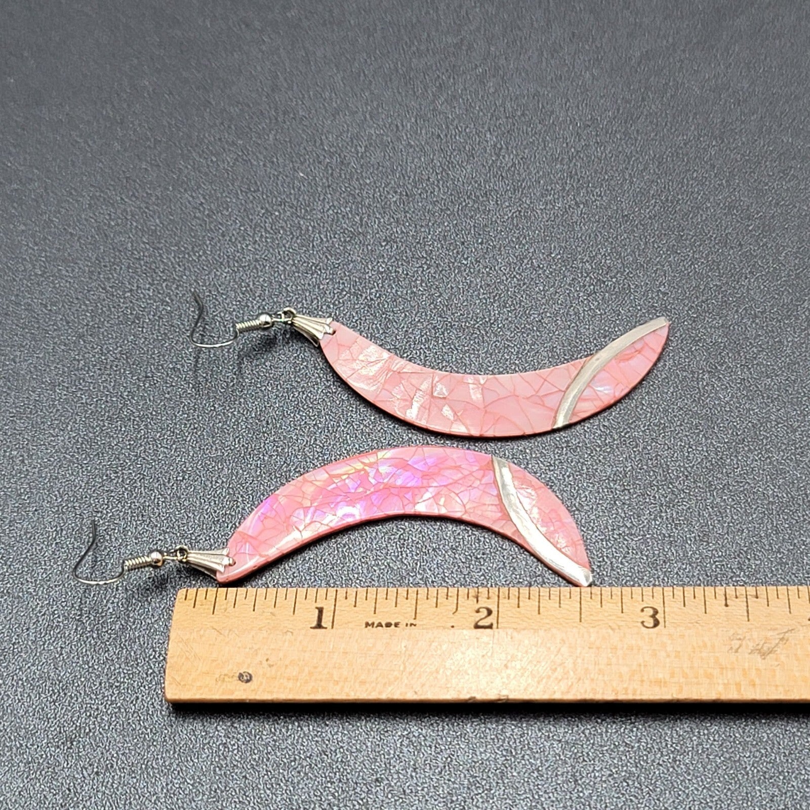 Vintage Pierced Earrings Silver tone Pink Mother of Pearl Inlay Statement 2.75"