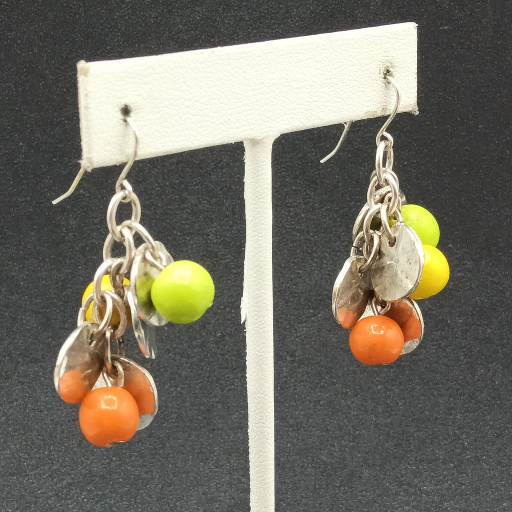 Pierced Earrings Silver tone Chain Hammer Disk Multicolor Bead Dangle 1 3/8"
