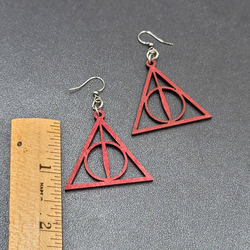 Deathly Hallows Pierced Earrings Harry Potter Wood Laser Cut Burgundy Red 1.25"