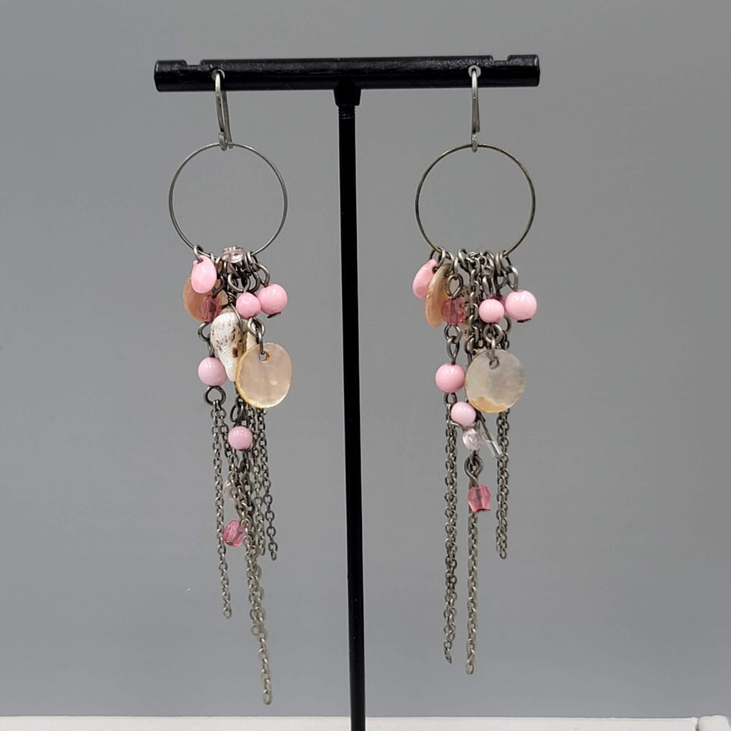 Pink Bead Seashell Pierced Earrings Silver tone Long Dangle Chains 3.25"