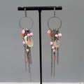 Pink Bead Seashell Pierced Earrings Silver tone Long Dangle Chains 3.25"