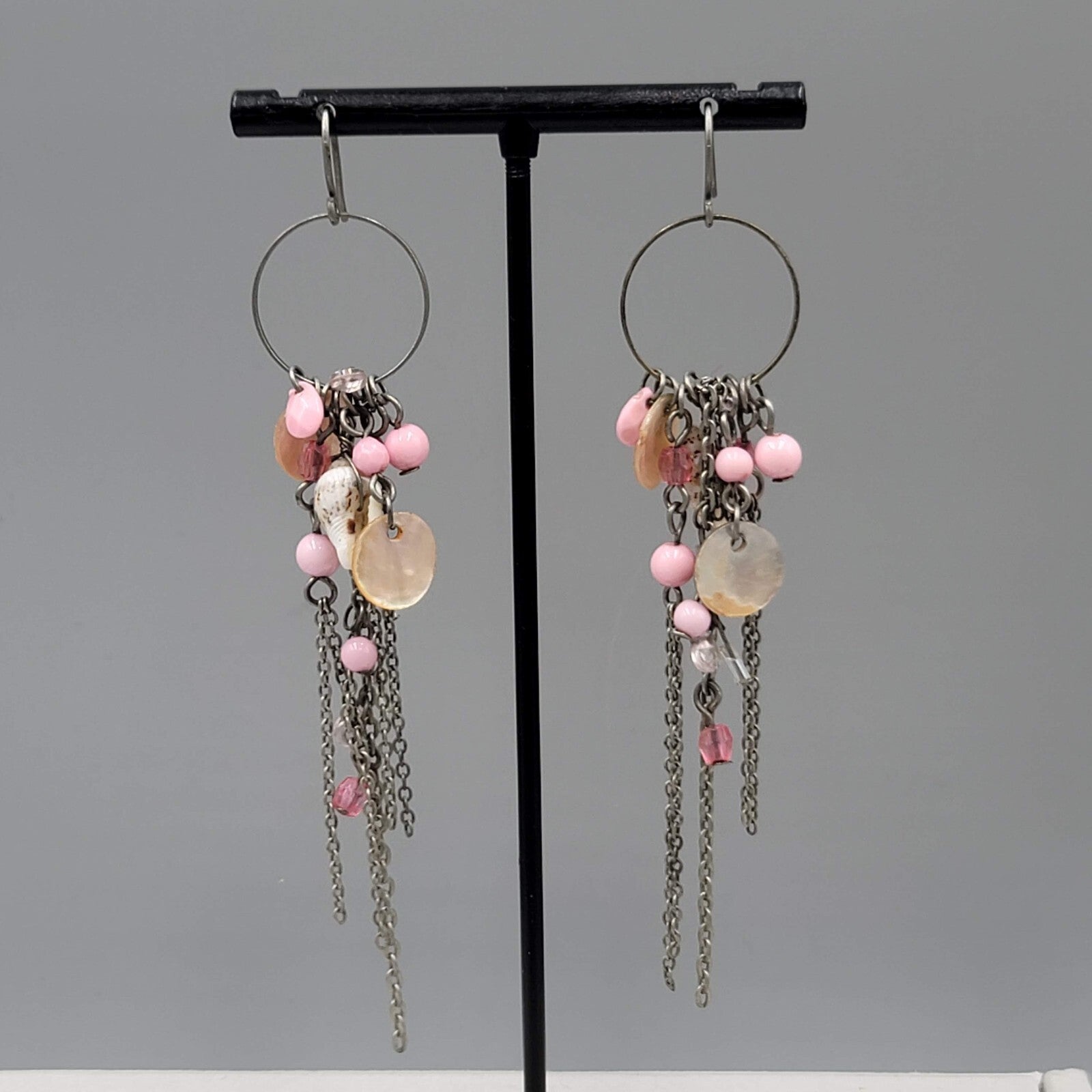 Pink Bead Seashell Pierced Earrings Silver tone Long Dangle Chains 3.25"