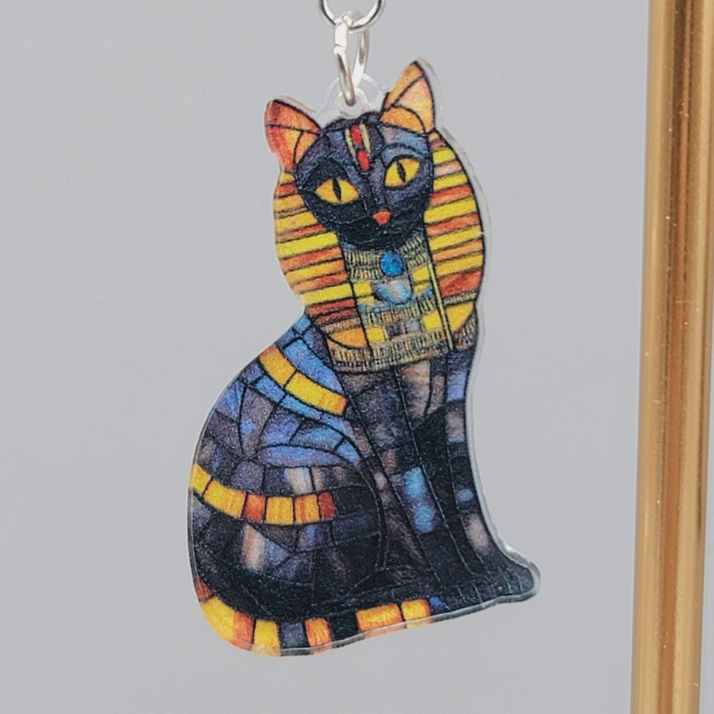 Egyptian Kitty Cat Pierced Earrings Mosiac Look Acrylic Dangle 1 3/8"