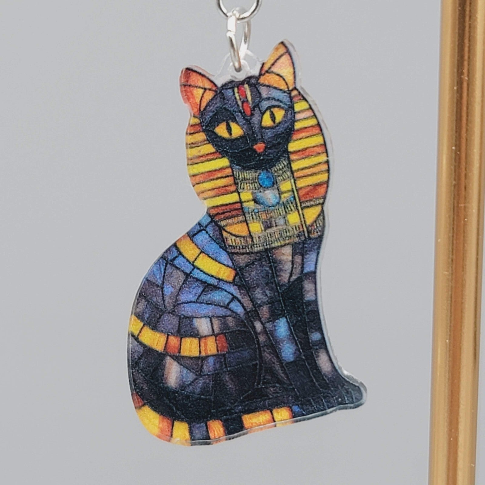 Egyptian Kitty Cat Pierced Earrings Mosiac Look Acrylic Dangle 1 3/8"