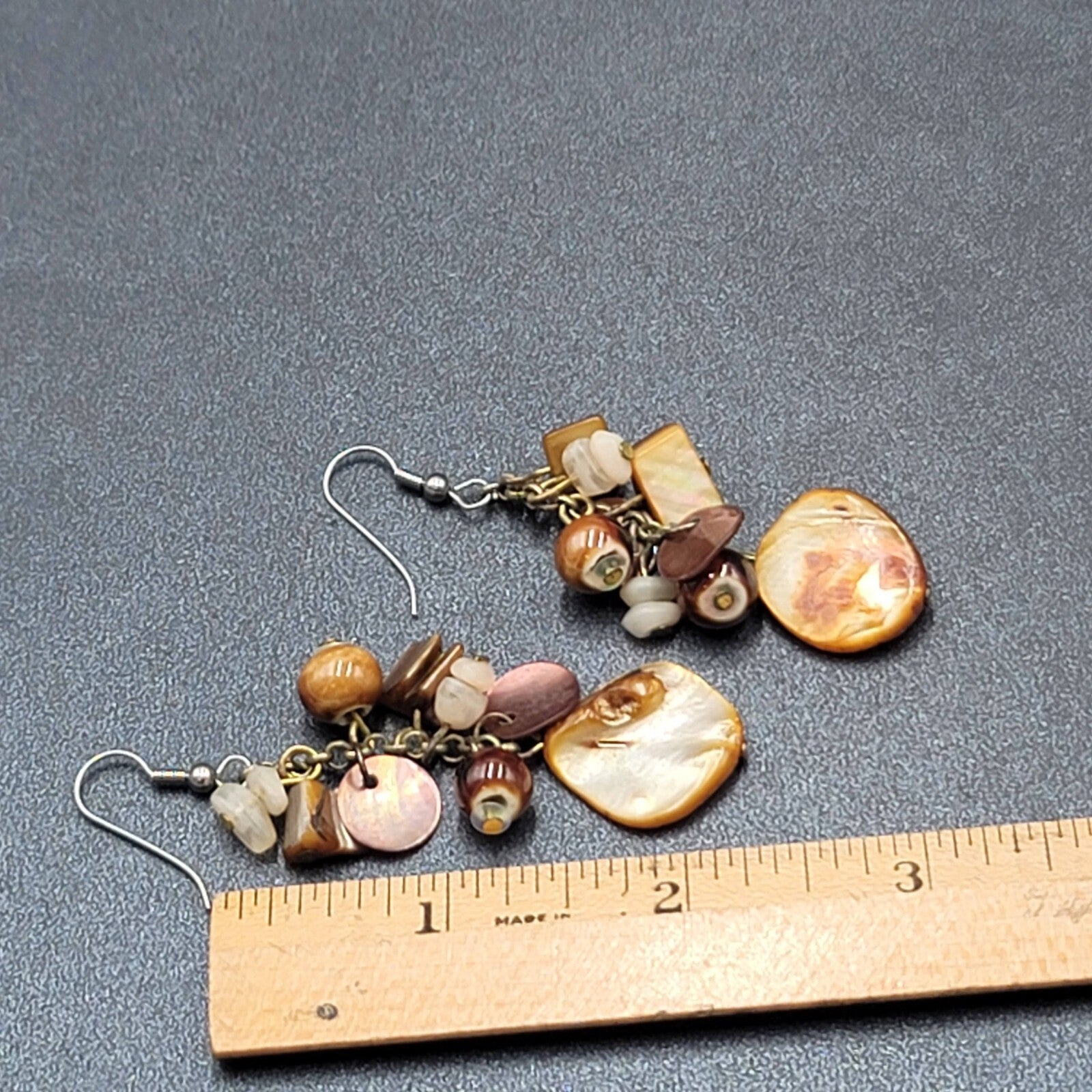 Pierced Earrings Brown Earth Tones Cluster Bead Shells 2.25"