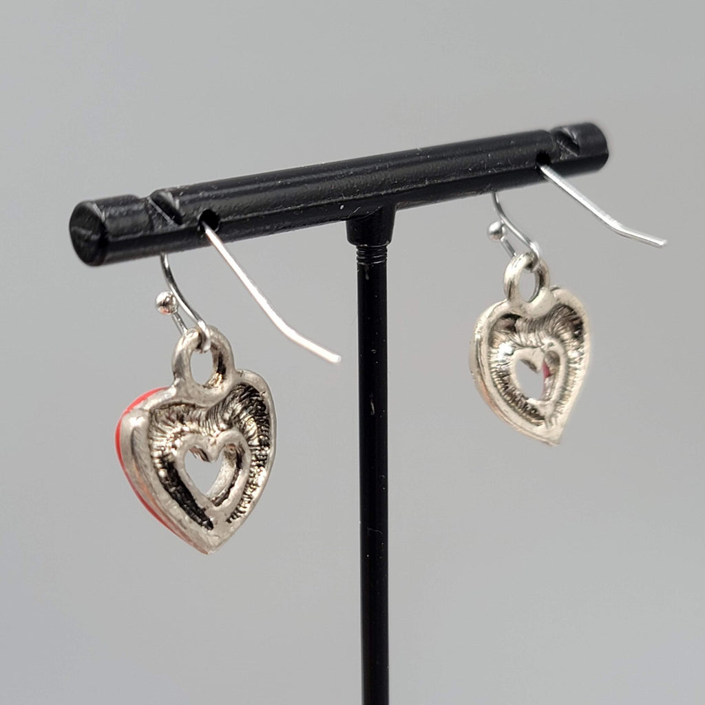 Heart Pierced Earrings Silver tone Red Enamel Dangle 5/8"