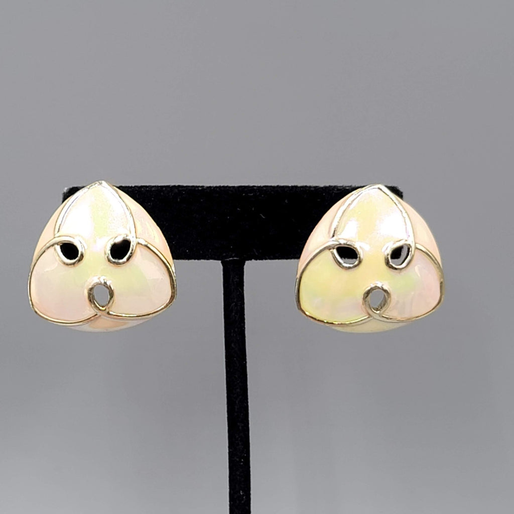Vintage Iridescent White Enamel Pierced Earrings Triangle Drop 1 1/8"