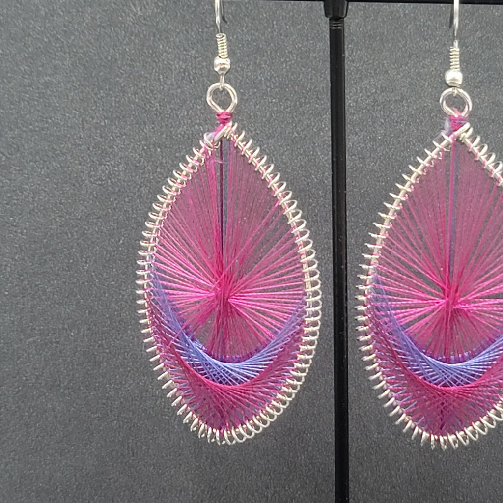 Pierced Earrings Silver tone Pink Purple String Art Dangle 2.5"