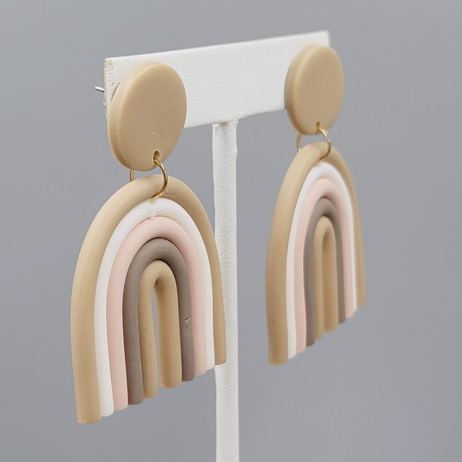 Polymer Clay Statement Pierced Earrings Tan White Pink Dangle 2.25"