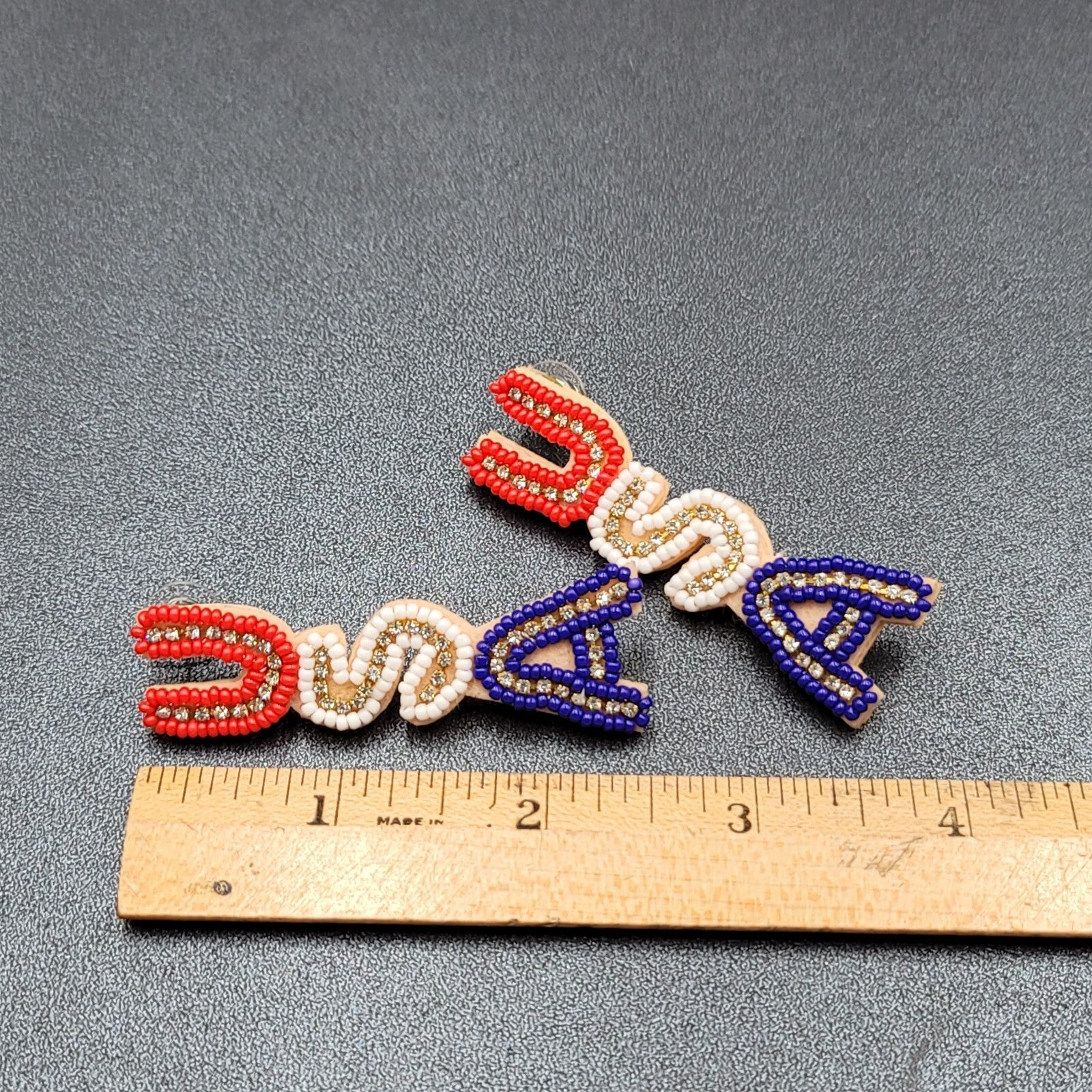 USA Pierced Earrings Beaded Felt Patriotic 4th of July Red White Blue 2.5"