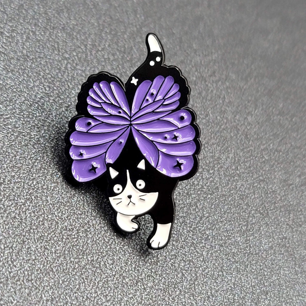 Black Cat Purple Butterfly Wings Enamel Lapel Hat Pin Sushi Roll 1 1/8"