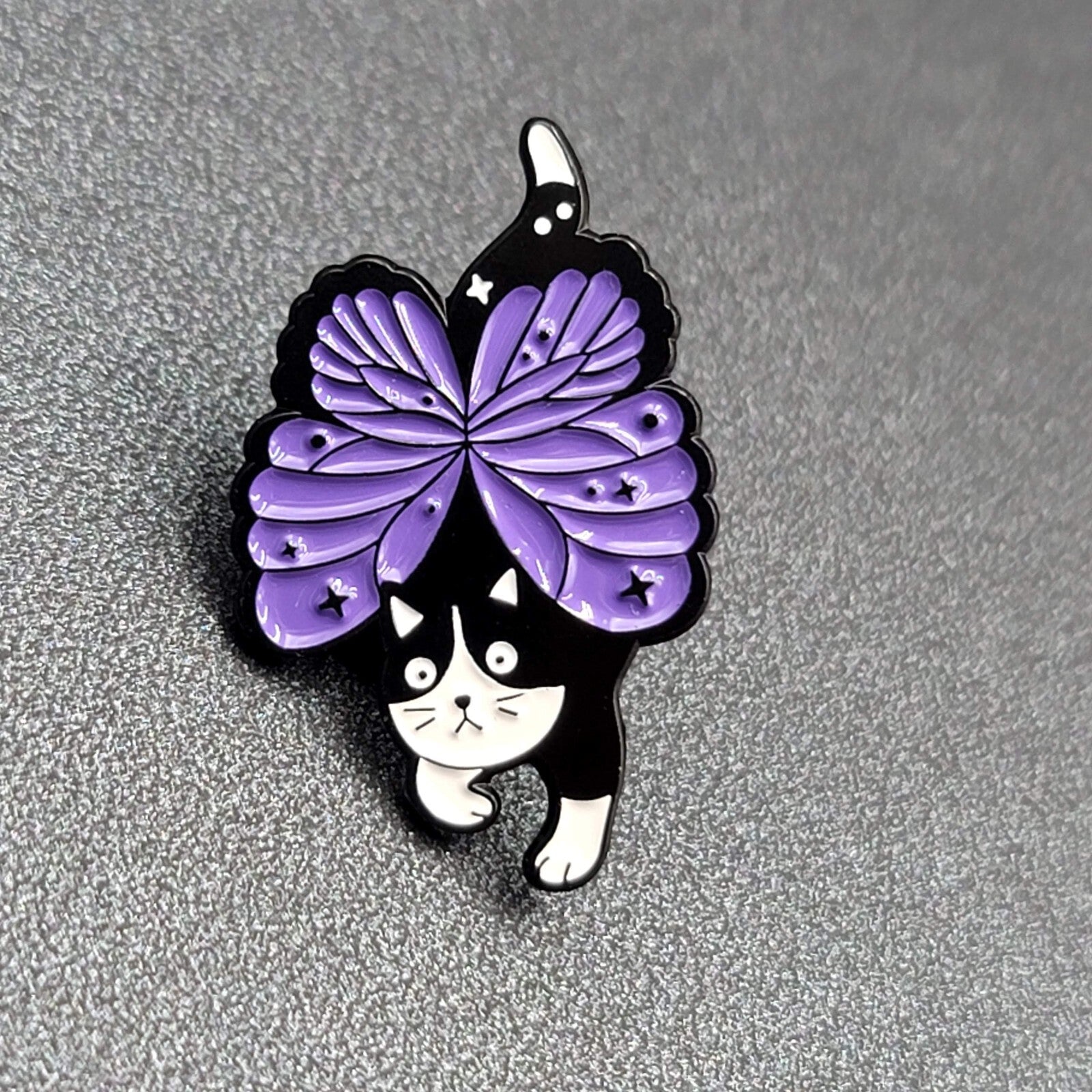 Black Cat Purple Butterfly Wings Enamel Lapel Hat Pin Sushi Roll 1 1/8"