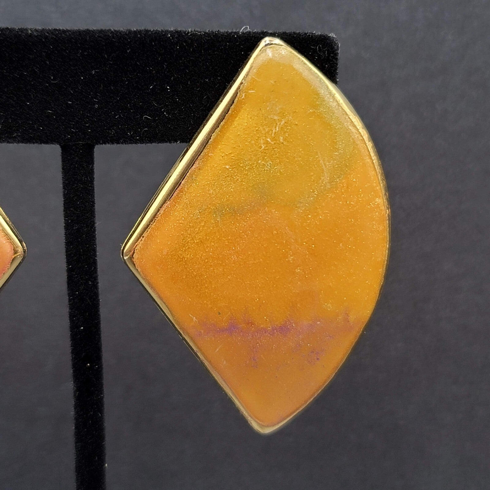 Vintage Pierced Earrings Yellow Enamel Gold tone Large Statement 1980s 2"