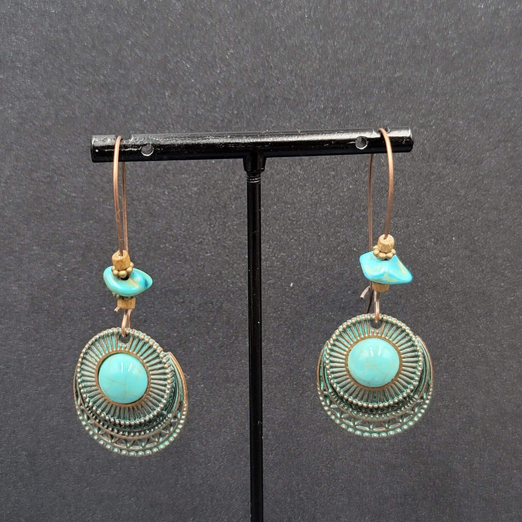 New Boho Pierced Earrings Faux Green Patina Copper tone Turquoise Bead 2.5"