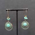 New Boho Pierced Earrings Faux Green Patina Copper tone Turquoise Bead 2.5"