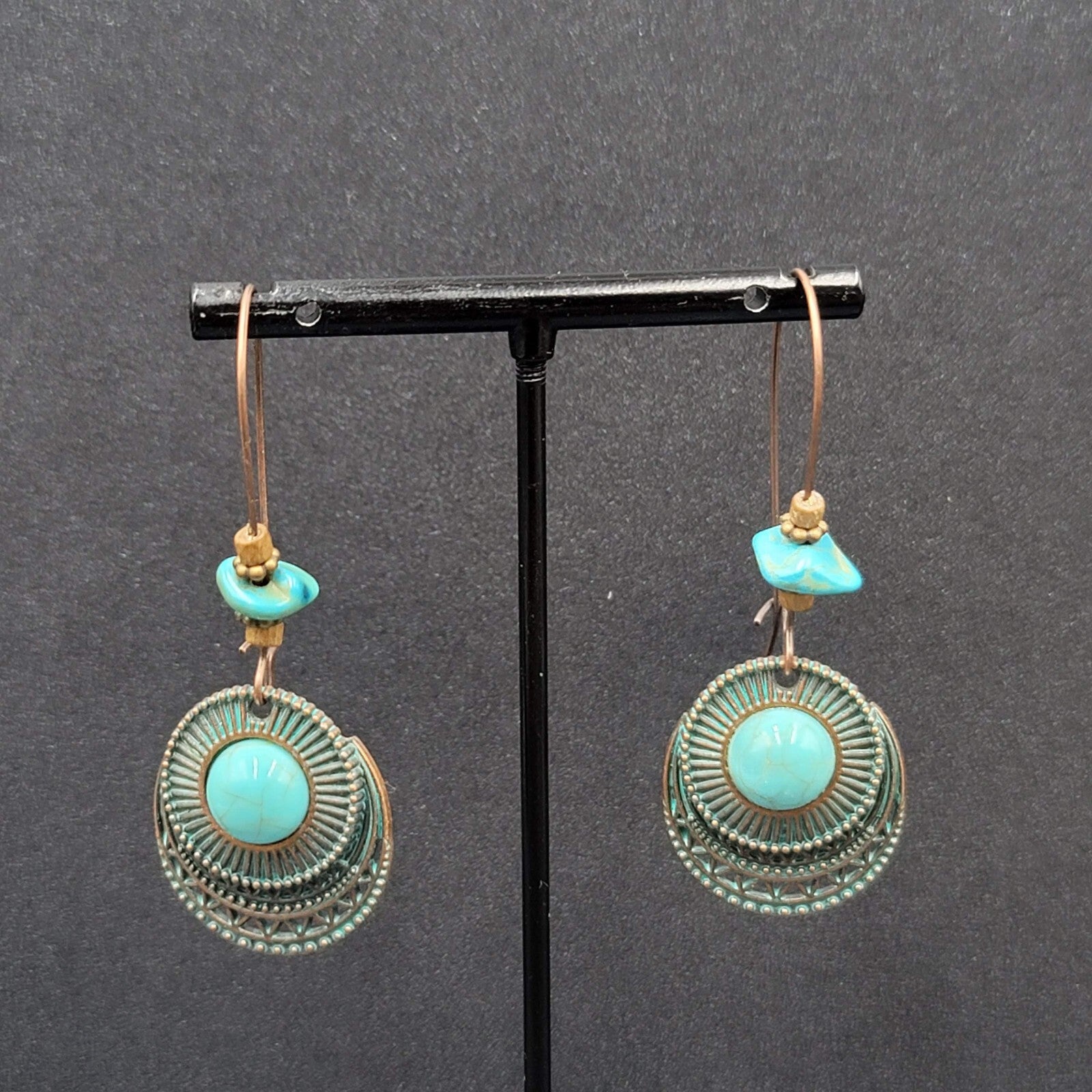 New Boho Pierced Earrings Faux Green Patina Copper tone Turquoise Bead 2.5"