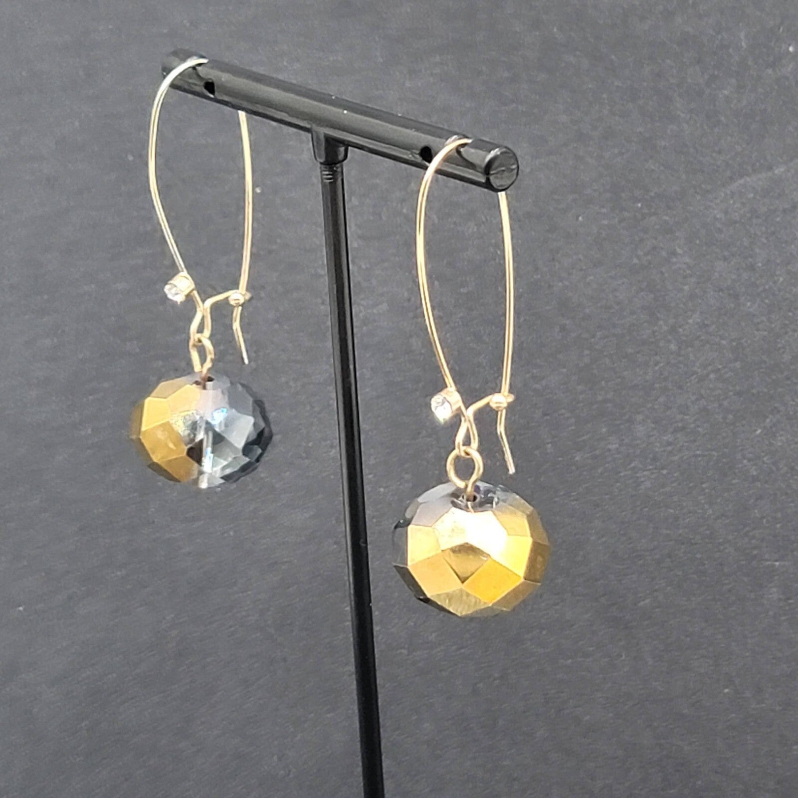 Pierced Earrings Gold tone faceted Glass Bead Smokey Gray Dangle 2"
