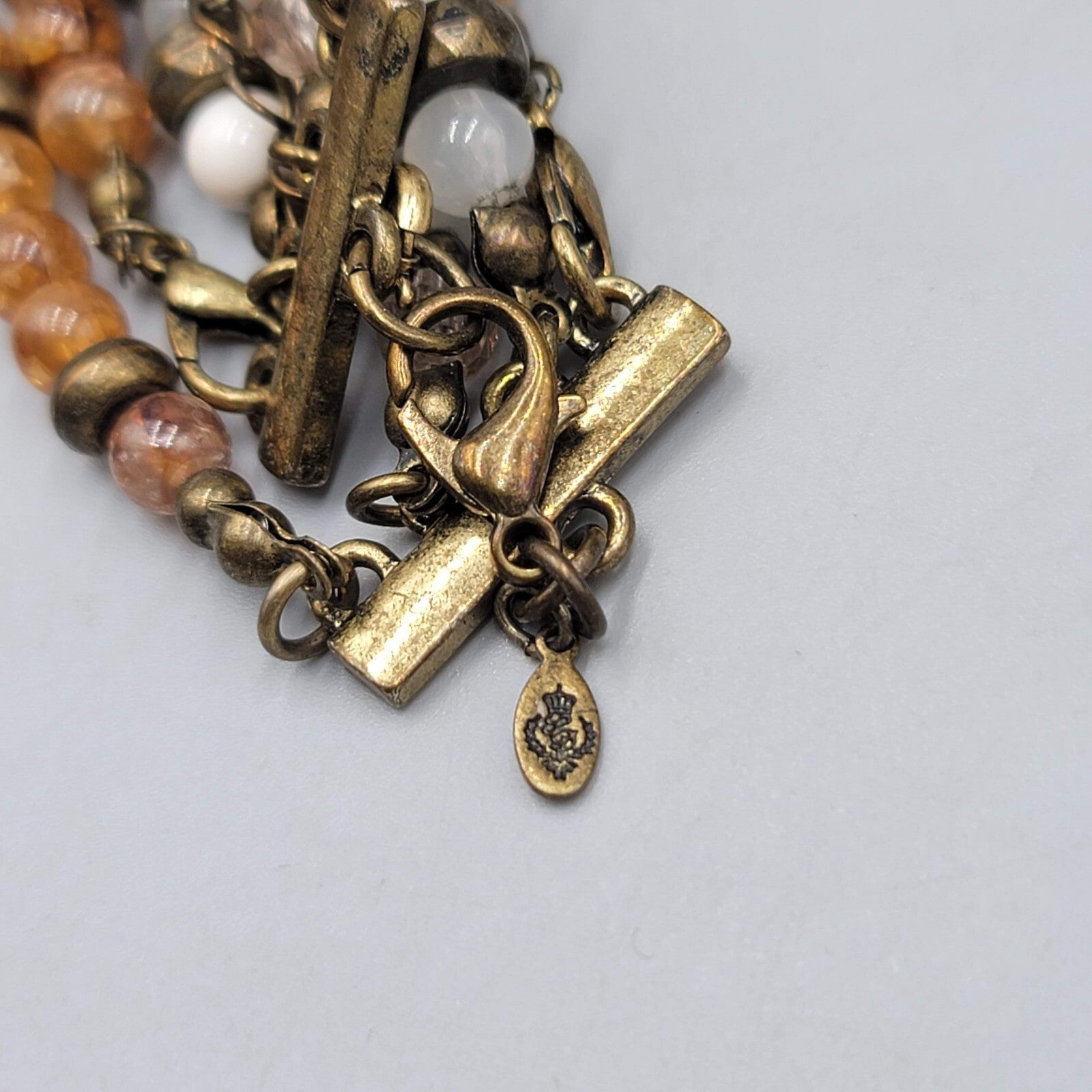 Premier Designs Necklace Bronze tone Brown White Bead 16"+