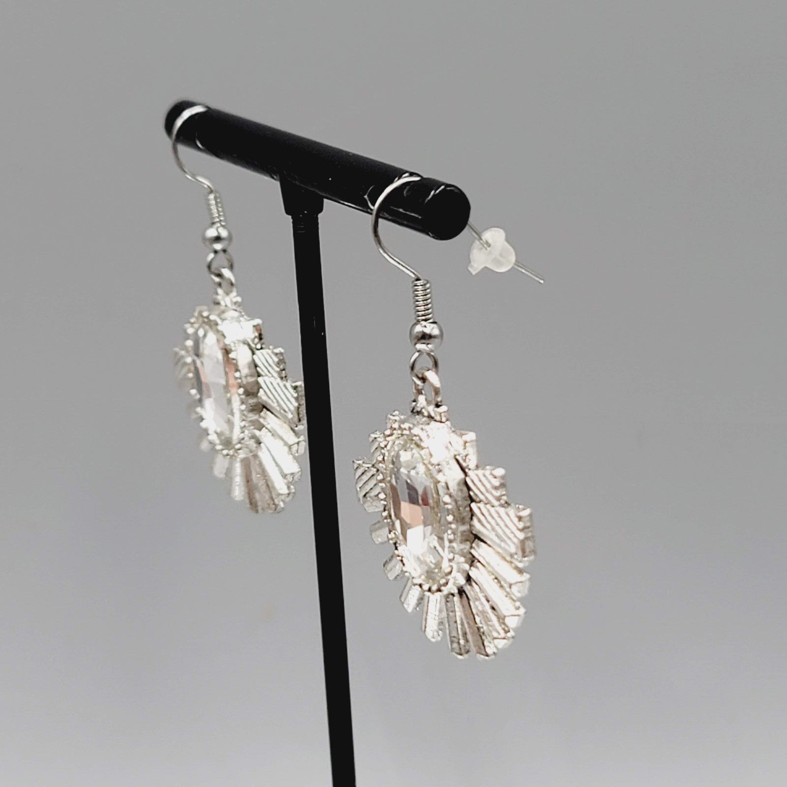 Statement Rhinestone Pierced Earrings Silver tone Dangle 1 1/8"