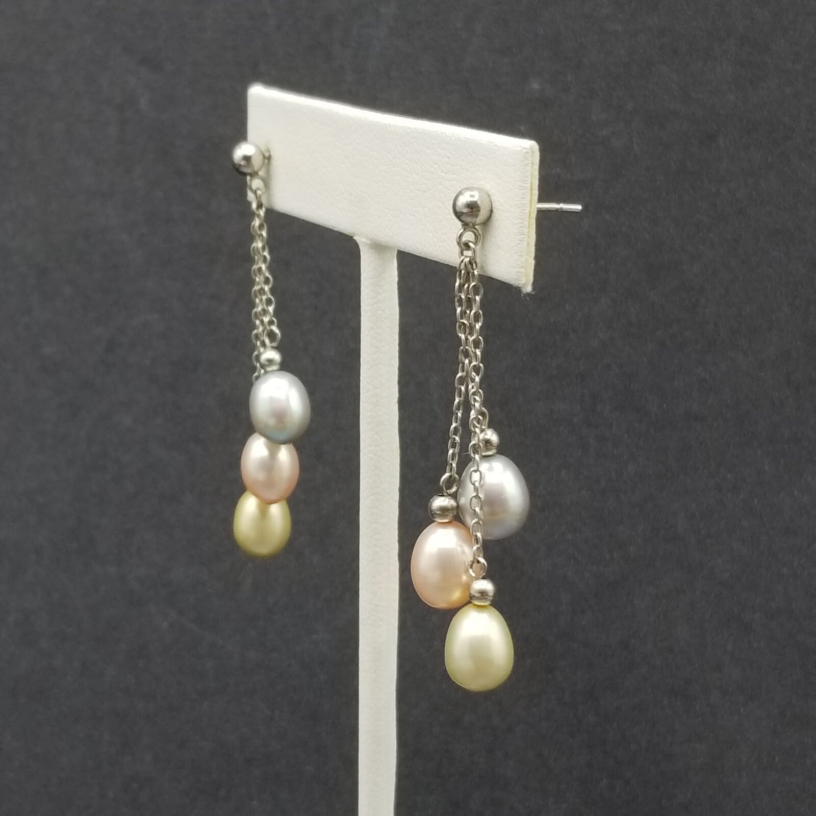 Pierced Earrings Sterling Chain Multicolor Pearl Dangle 1 3/4"