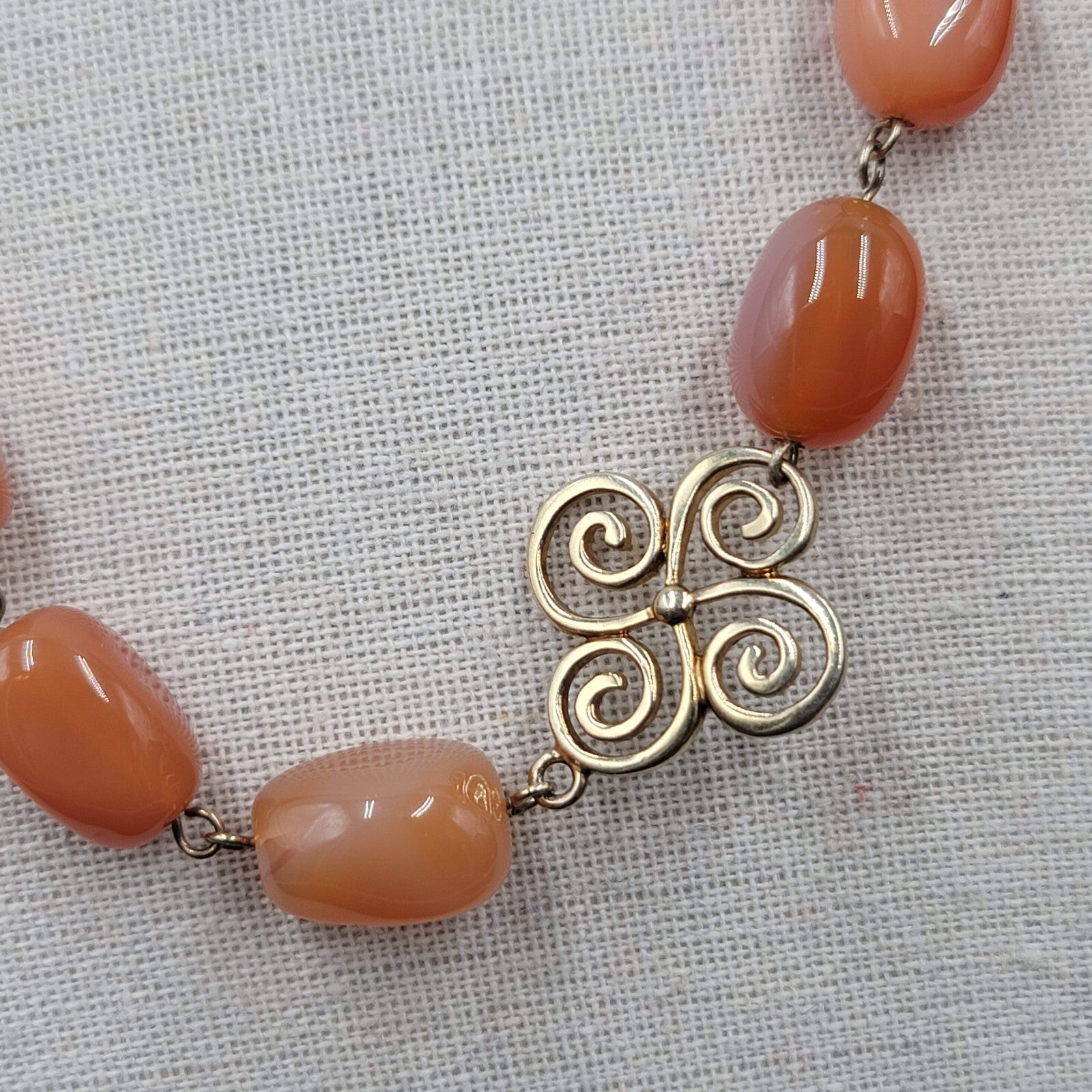Vintage MWS Gold Plated Sterling Silver Orange Glass Bead Necklace 18"-20"