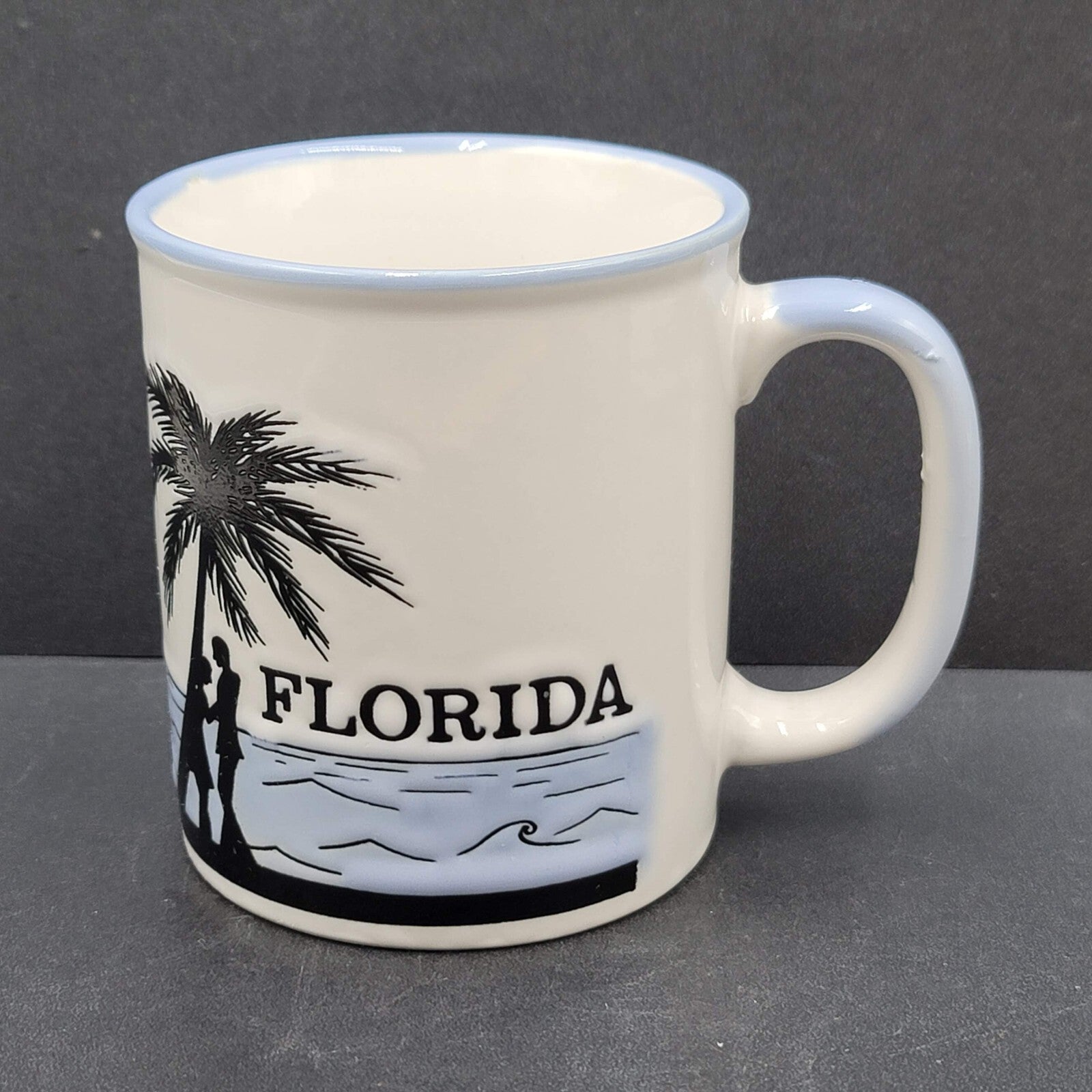 Vintage Florida Beach Coffee Cup Embossed Stoneware Blue White