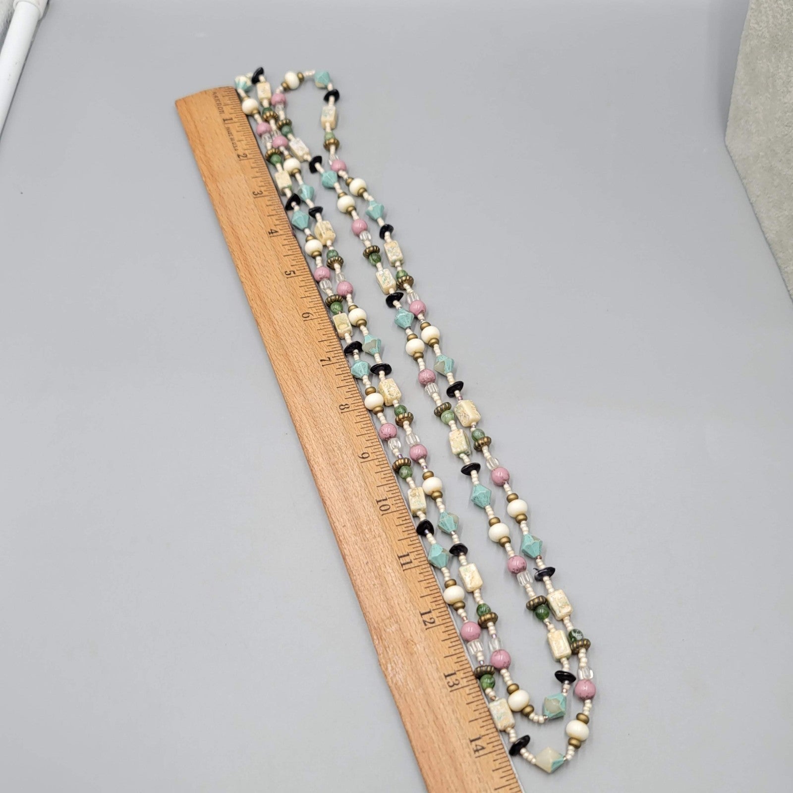 Vintage Long Beaded Necklace Multicolor Pastel Colors 56 in