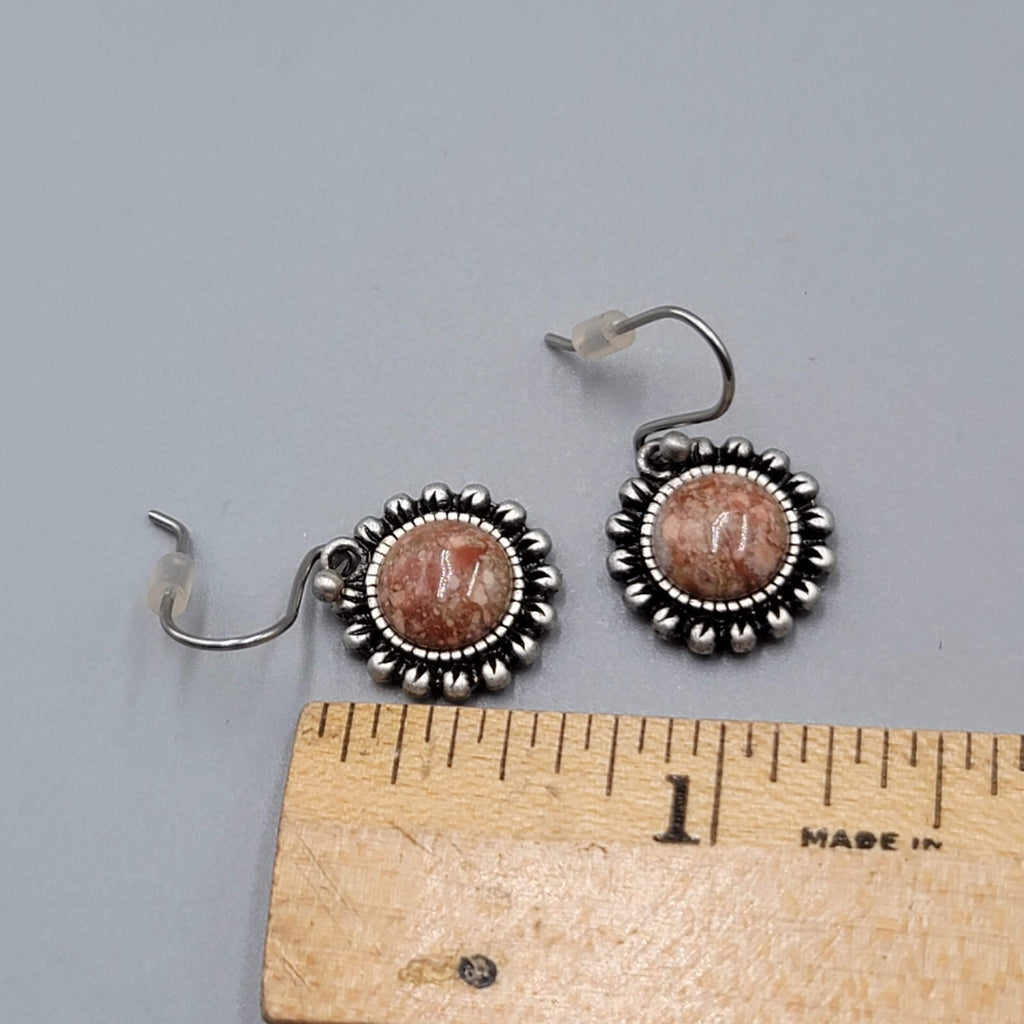 Round Stone Pierced Earrings Silver tone Dainty Dangle 1/2"