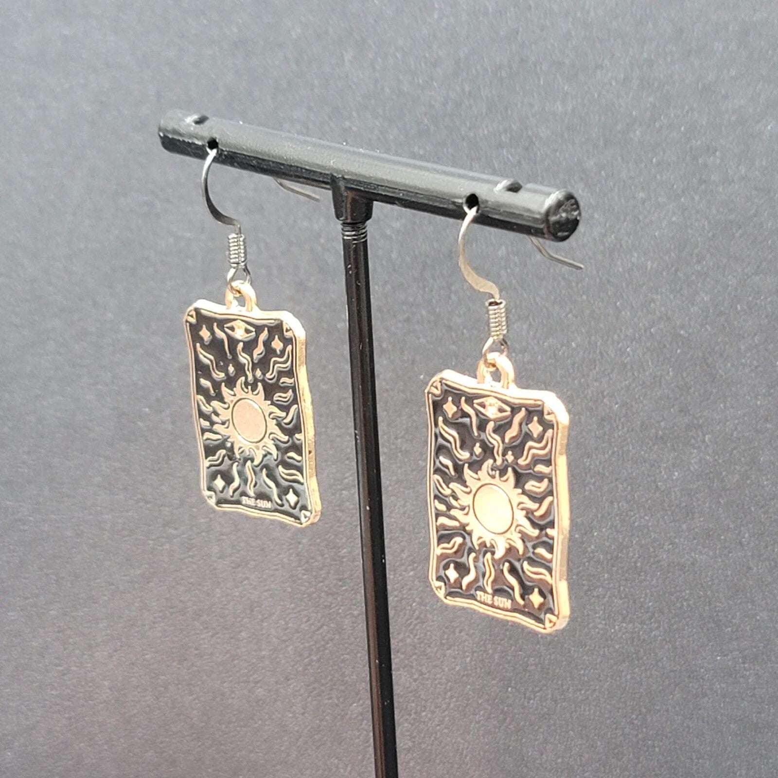 Tarot Card Pierced Earrings The SUN Gold tone Black 1"