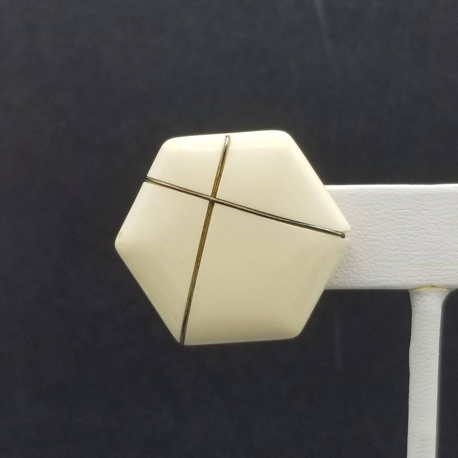 Vintage 1980's Pierced Earrings Cream Acrylic with Gold Line Hexagon Stud 1 1/4"