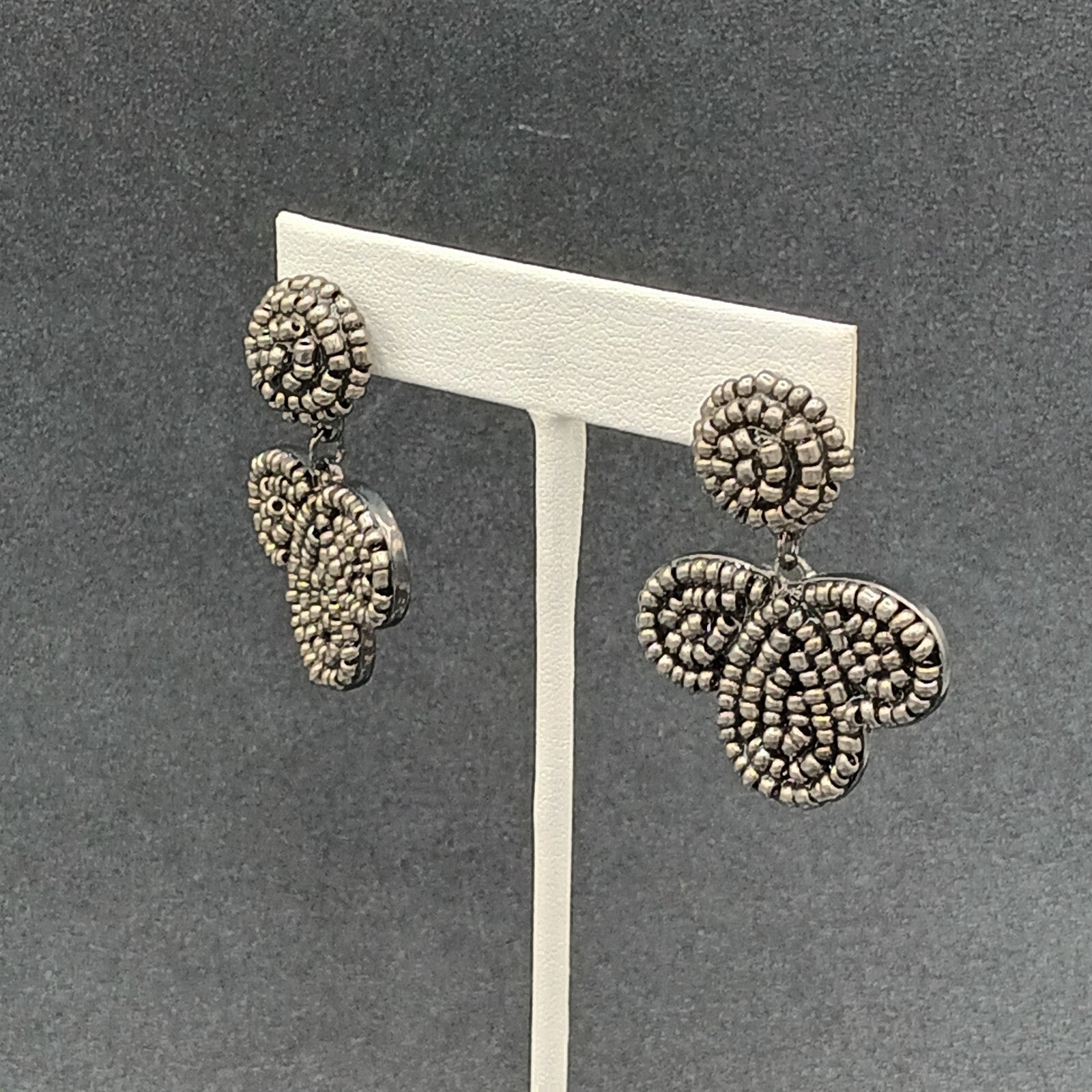 Vintage Pierced Earrings Black Metal Molded Beaded  Dangle 1 5/8"