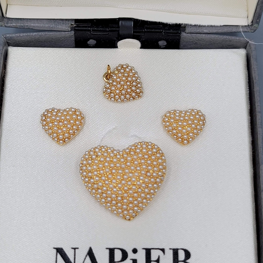 Napier Faux Pearl Cluster Heart Brooch Pierced Earrings Set Matching Pendant
