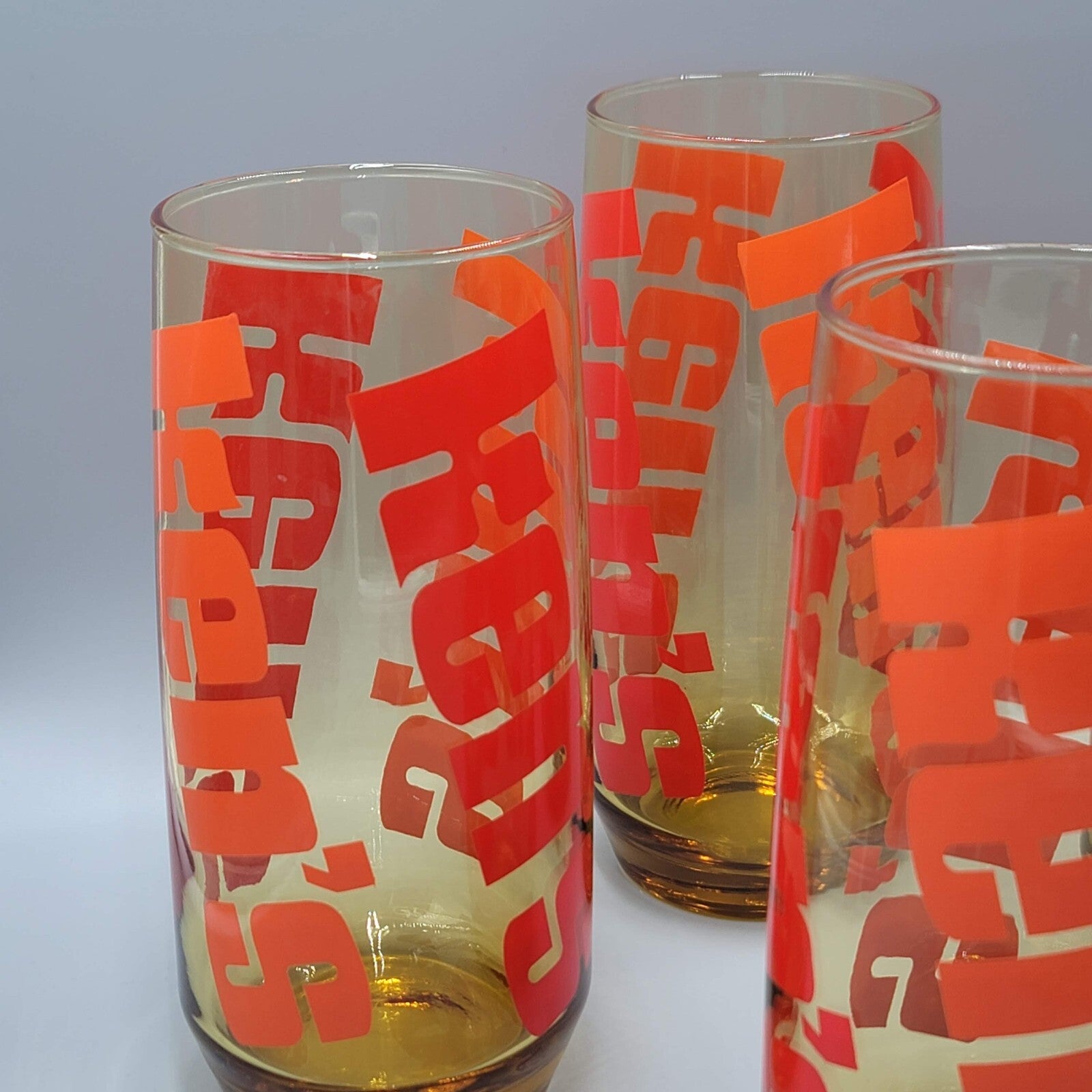 Vintage Kens Pizza Drinking Glass Amber Glass Orange Lettering Large 7" Set of 4
