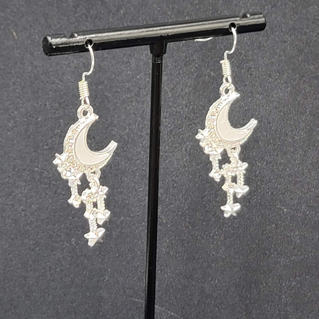 Moon Pierced Earrings Silver tone Crystal Rhinestone Dangle 1.5"