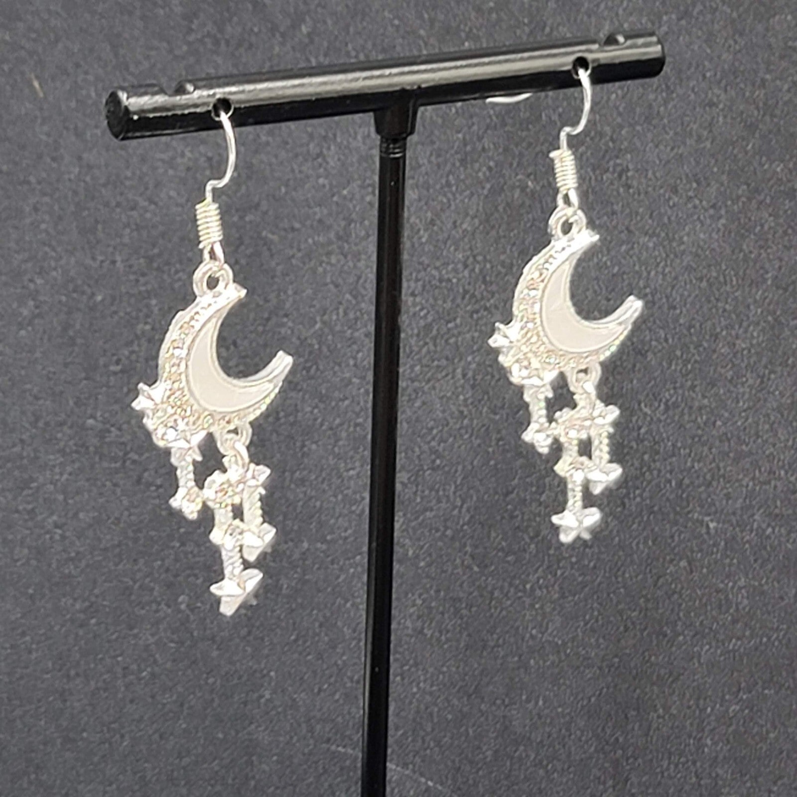 Moon Pierced Earrings Silver tone Crystal Rhinestone Dangle 1.5"
