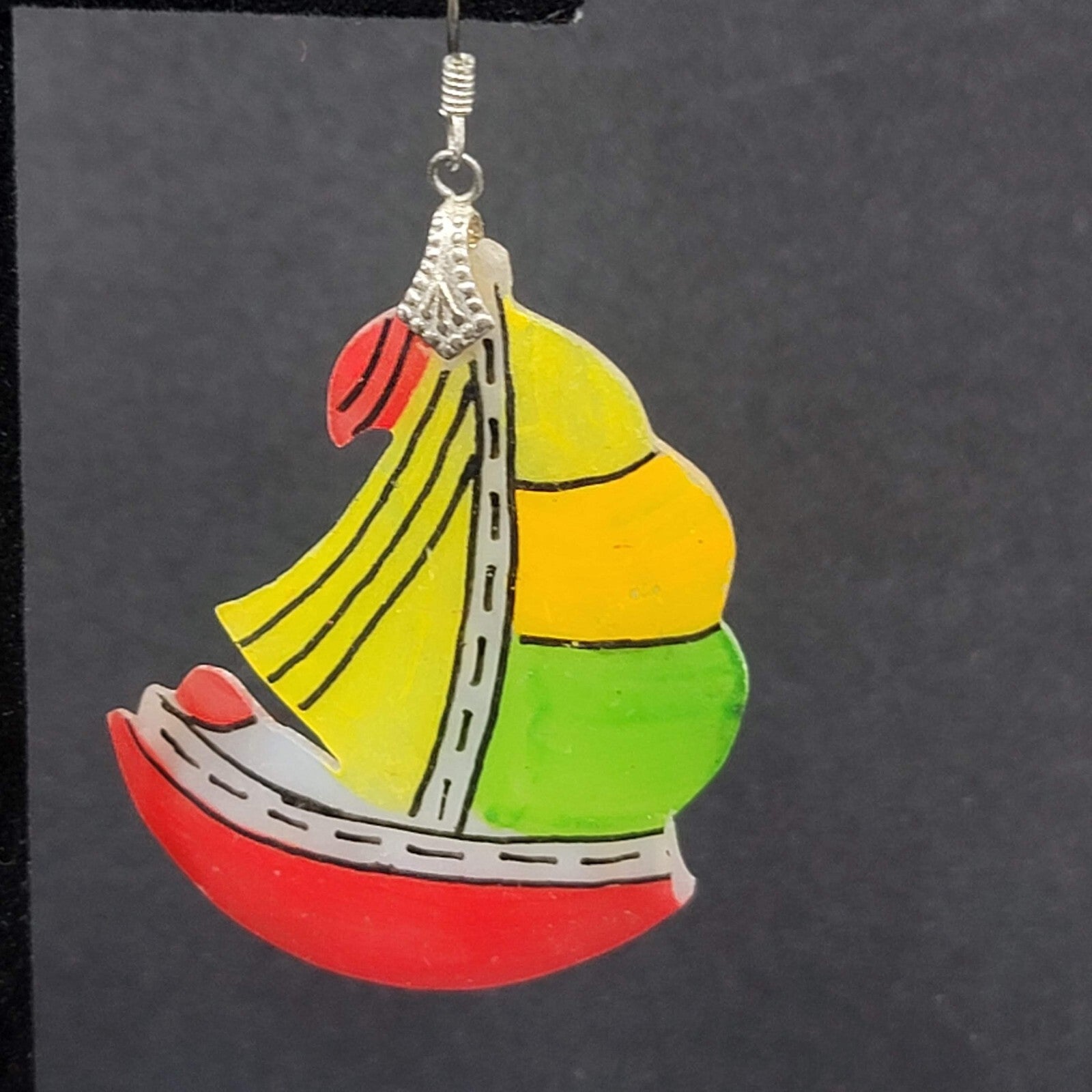 Vintage Sailboat Pierced Earrings Hand Painted Mother of Pearl Carved Shell 2"