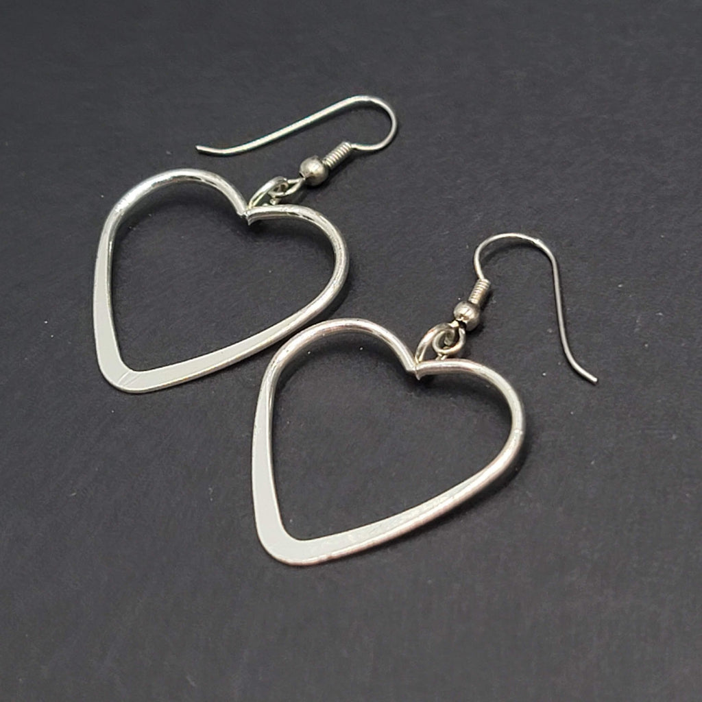 Open Heart Wire Pierced Earrings Silver tone Dangle 1.25"
