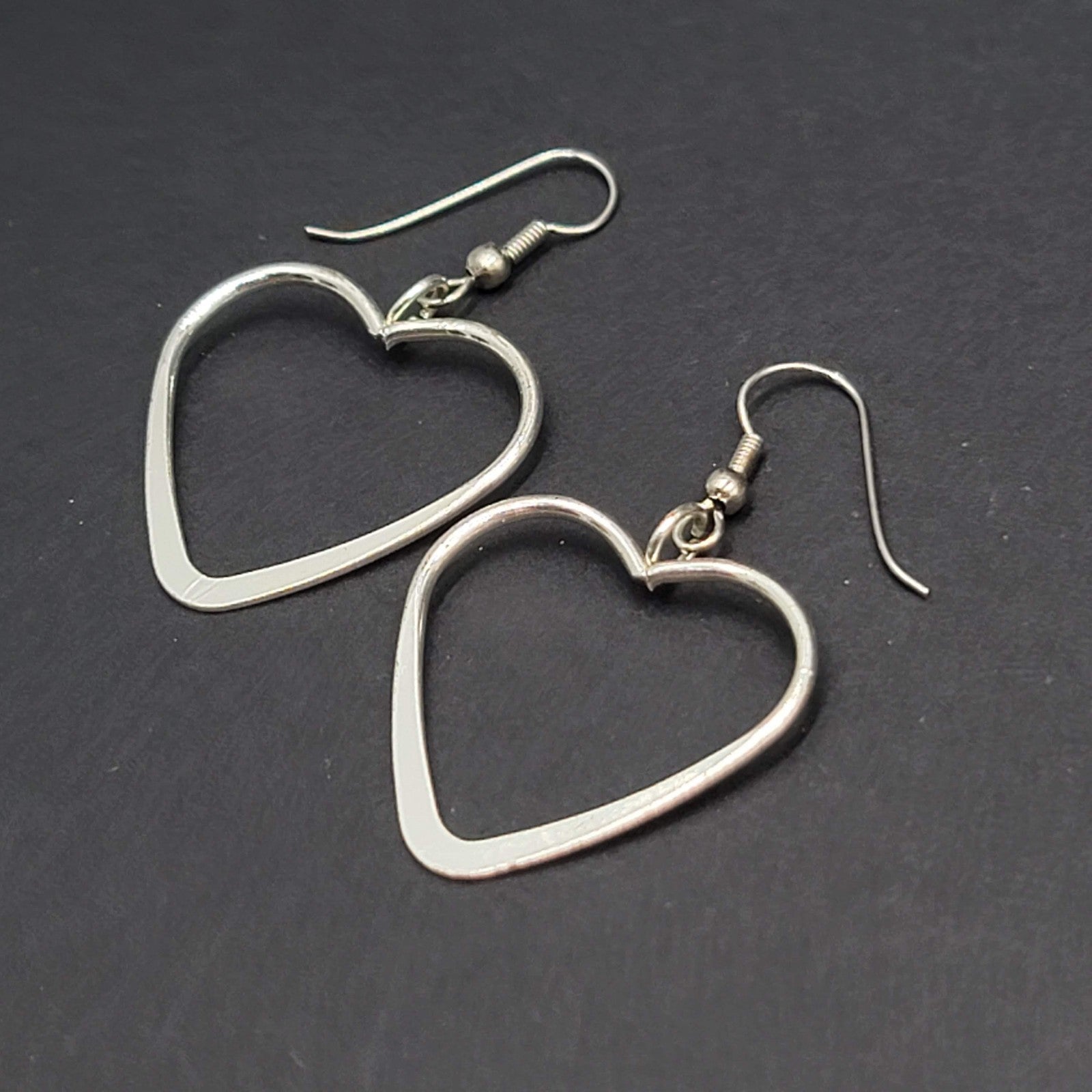 Open Heart Wire Pierced Earrings Silver tone Dangle 1.25"