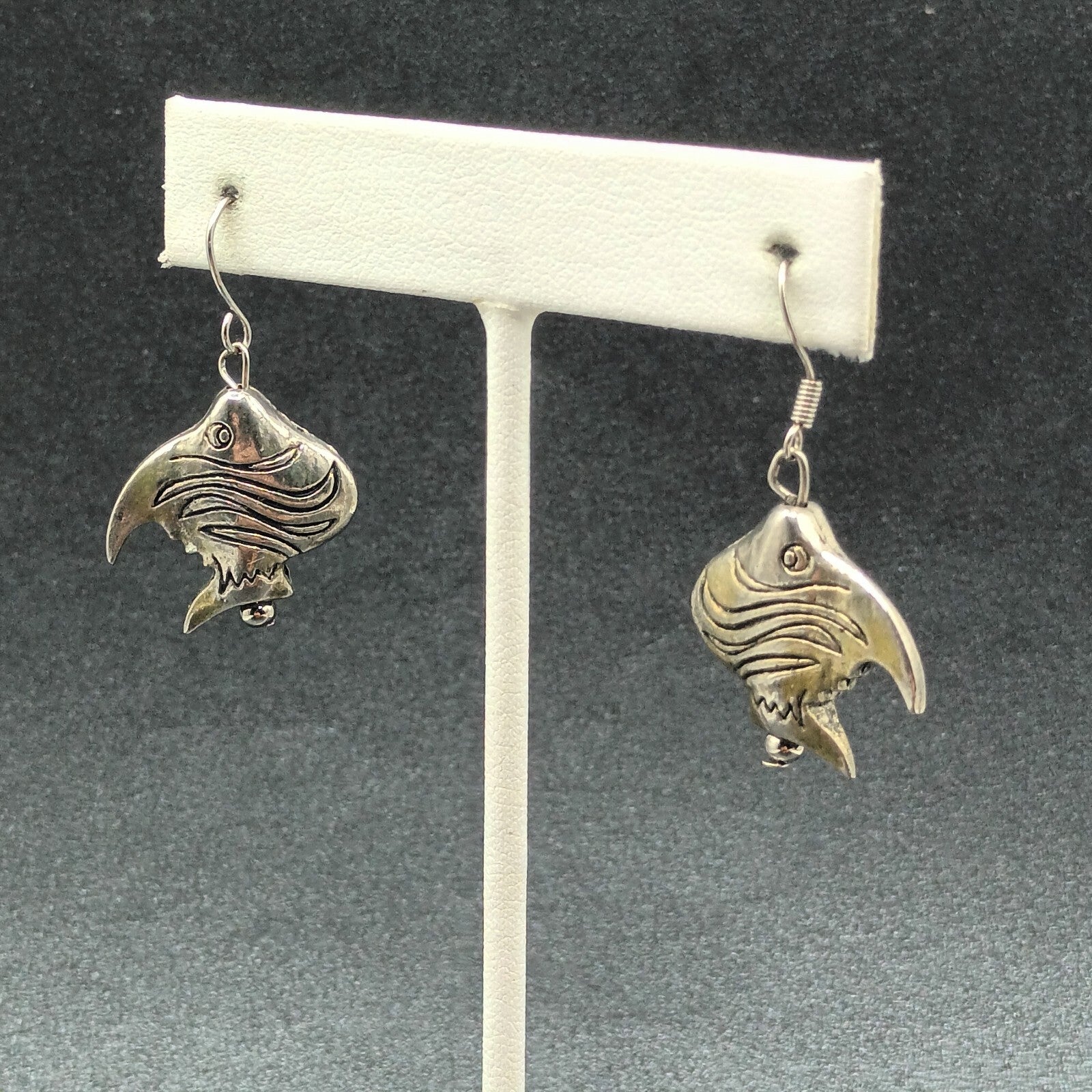 Vintage Pierced Earrings Silver tone Angel Fish Bead Statement Dangle 7/8"