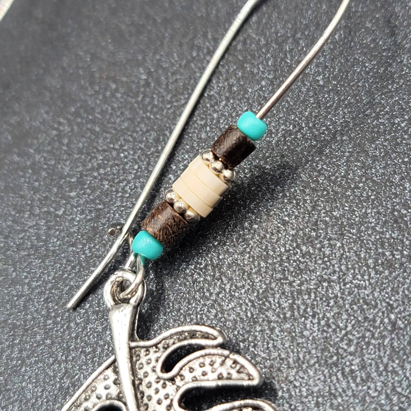 Pierced Earrings Silver tone Leaf Beaded Dangle 2.25"