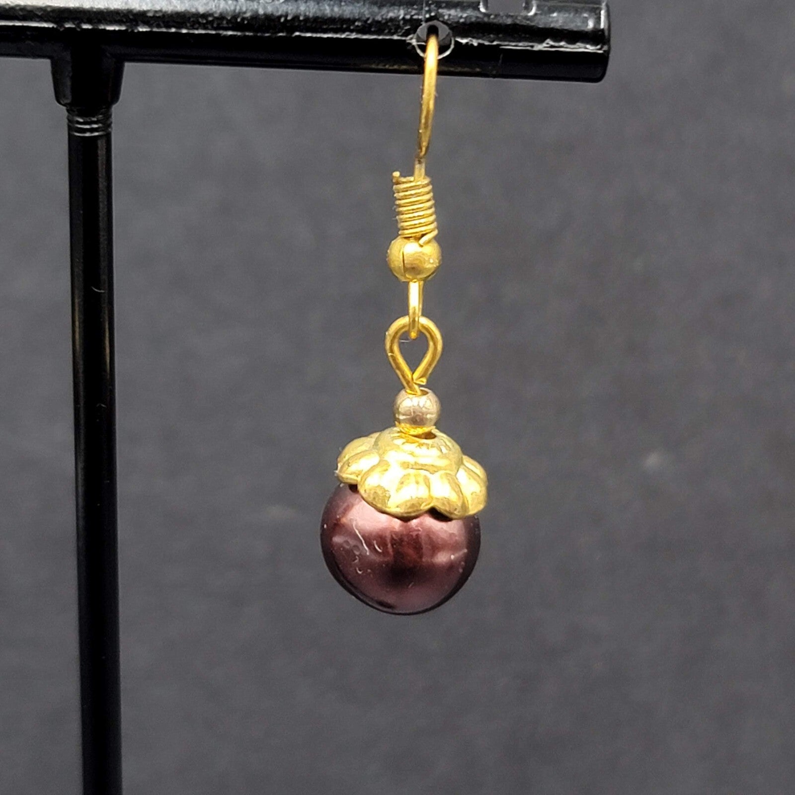 Pierced Earrings Gold tone Bronze Bead Capped Bead Dangle 3/4"
