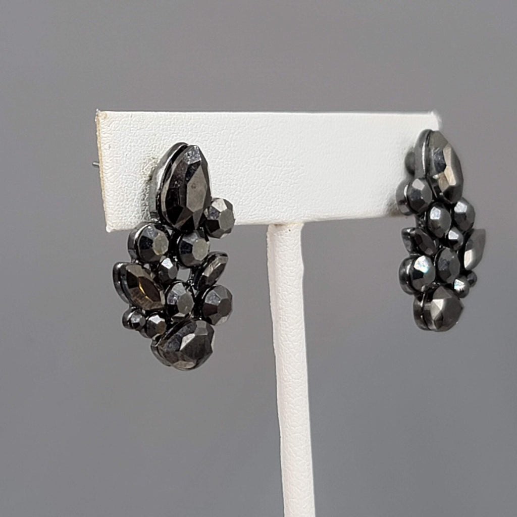 Black Rhinestone Drop Pierced Earrings Sparkly 1"